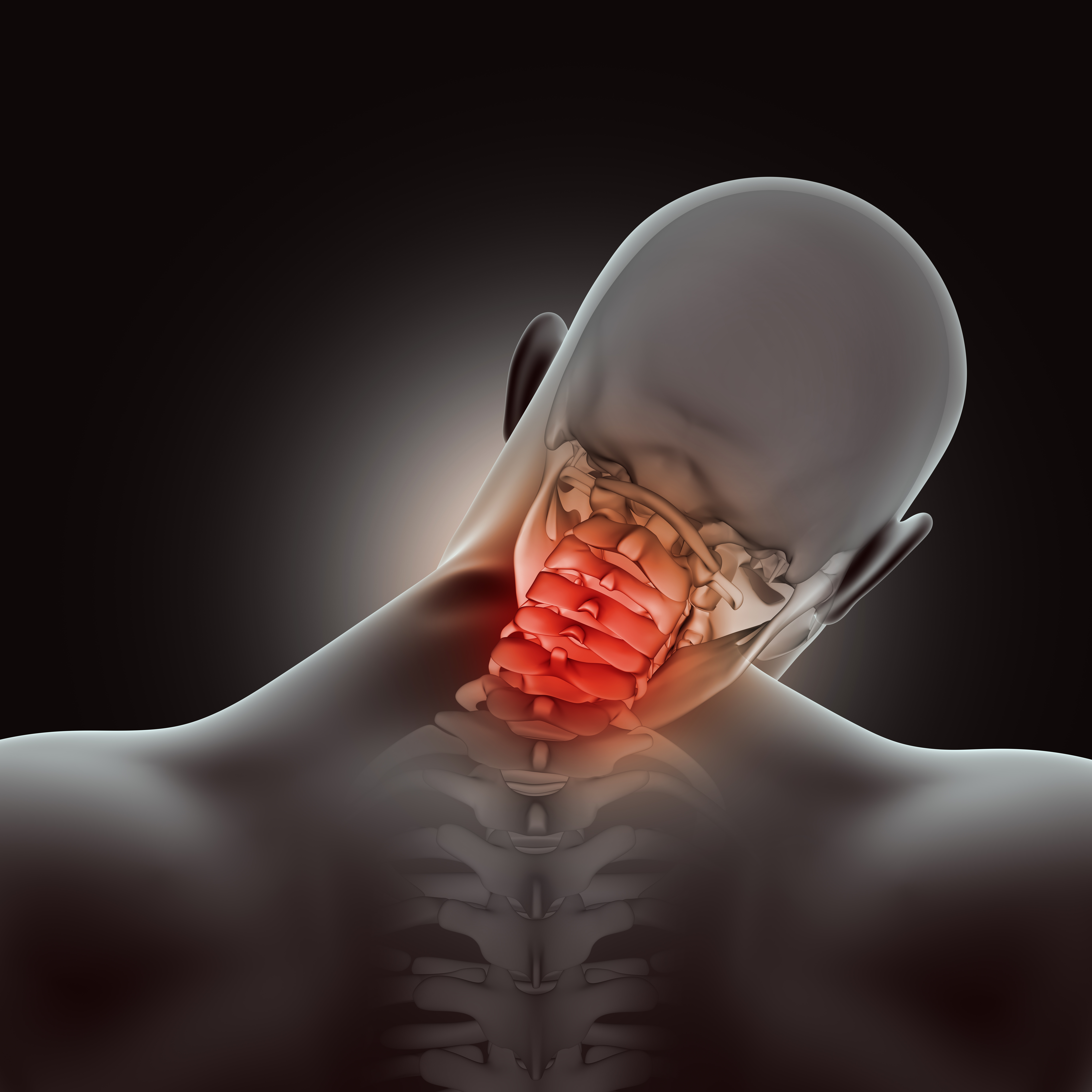 3D render of a medical background with male figure with neck bones highlighted in pain