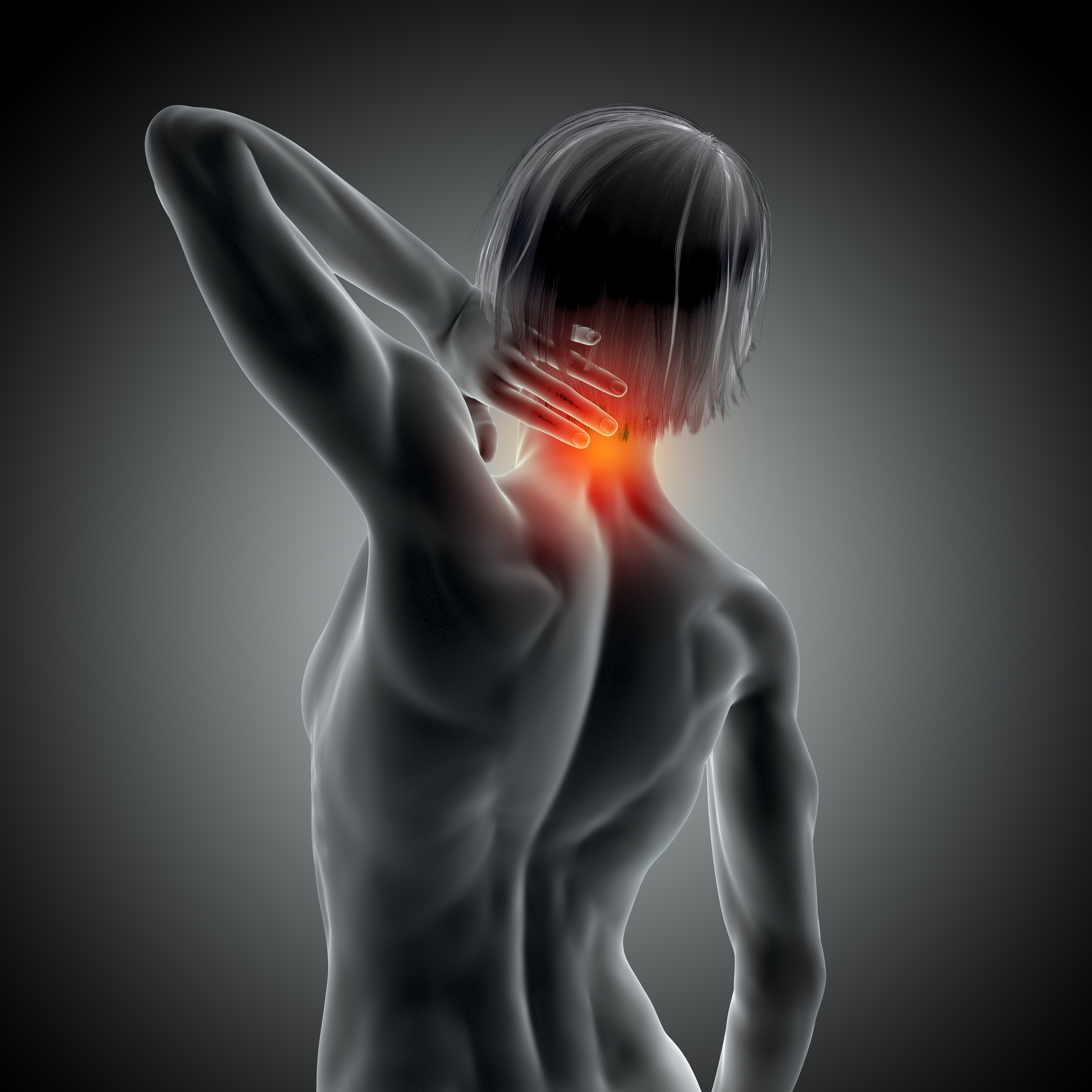 3D render of a medical image with female holding neck in pain