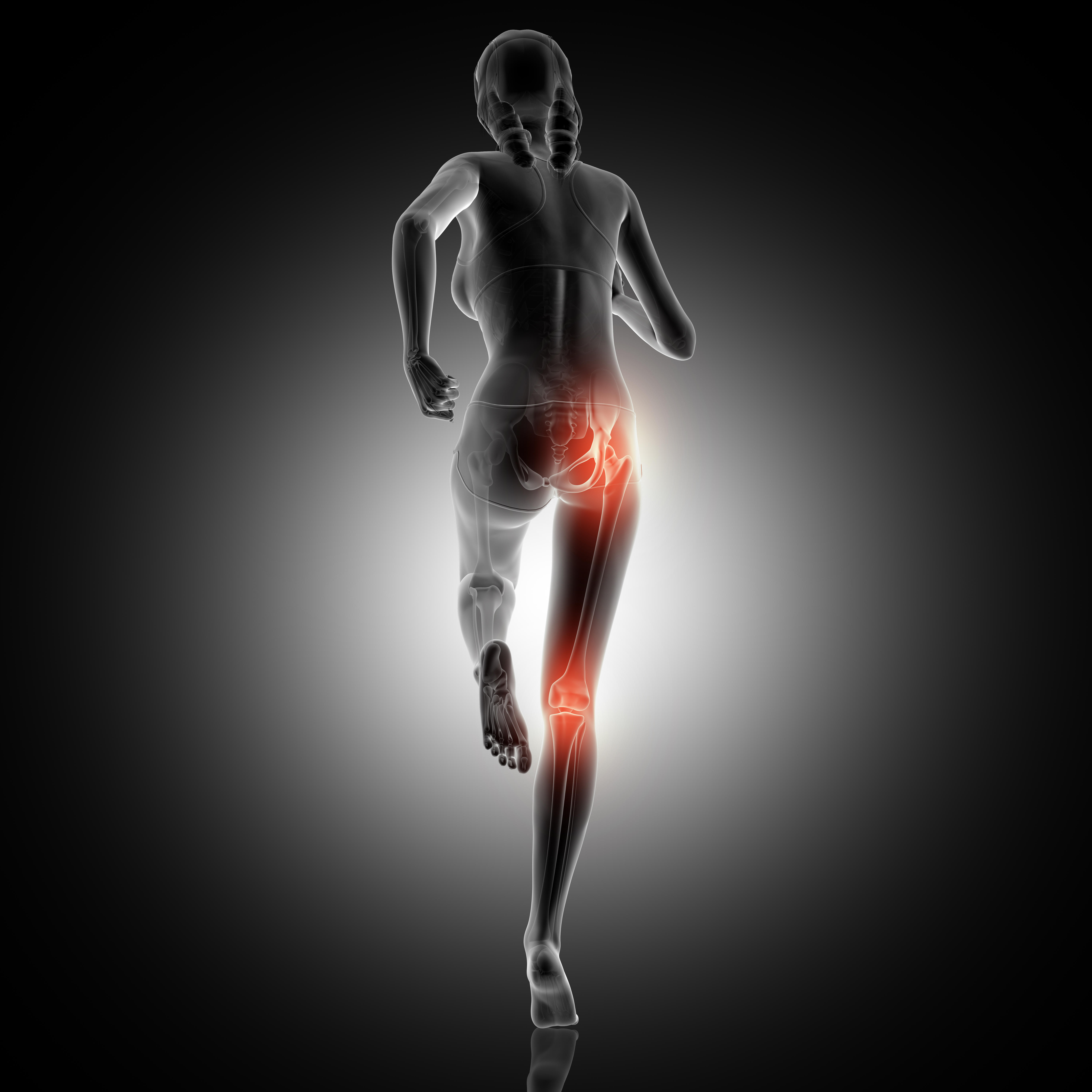 3D render of a rear view of a female running with knee and hip joint highlighted